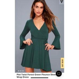Plot Twist Forest Green Flounce Sleeve Wrap Dress